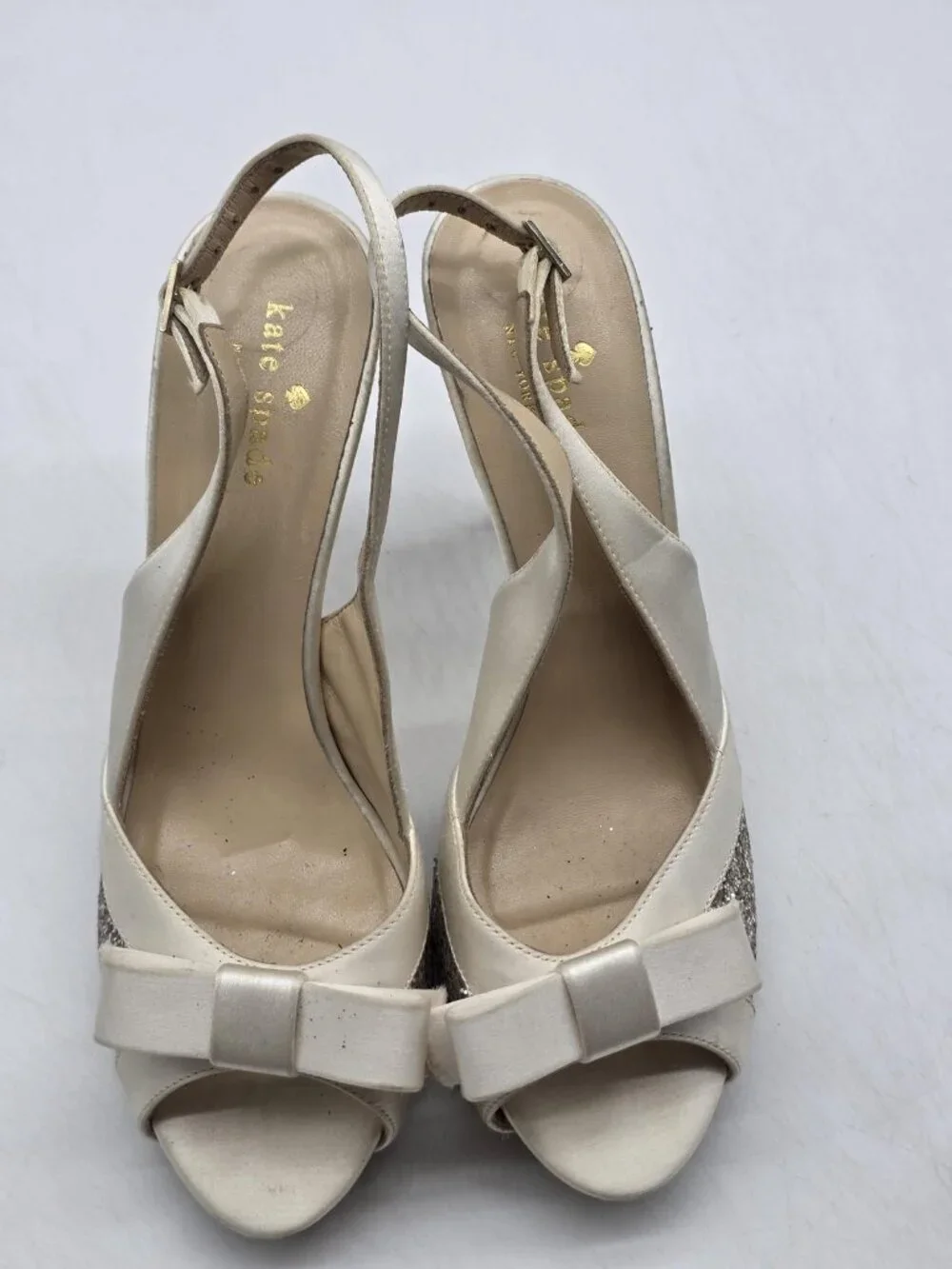 Kate Spade Shoes Womens Size 7.5 White Glitter Bow Slingback Heels Stains